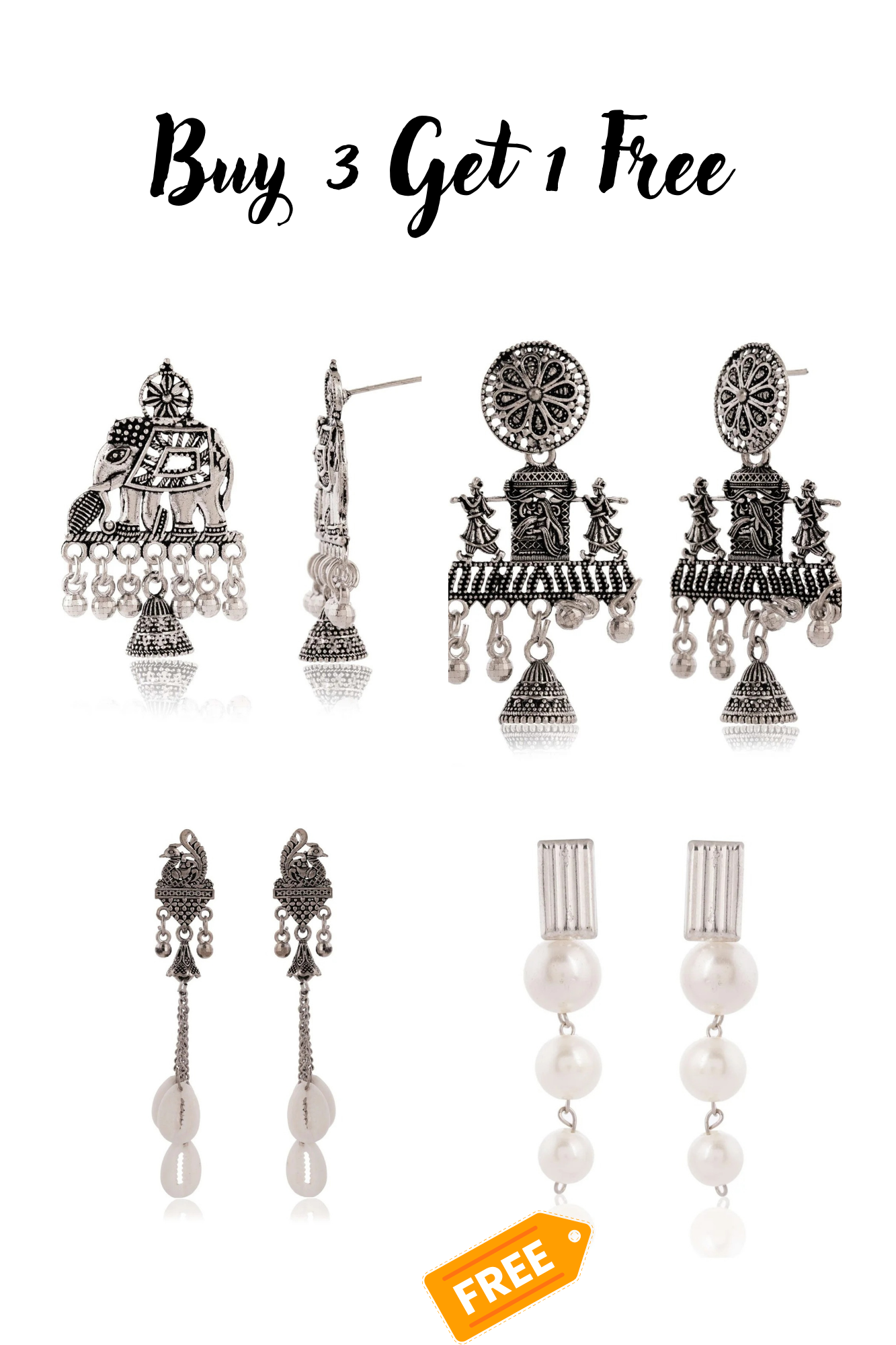 3 Pairs of beautiful Silver Beads Ethnic Tops with stone