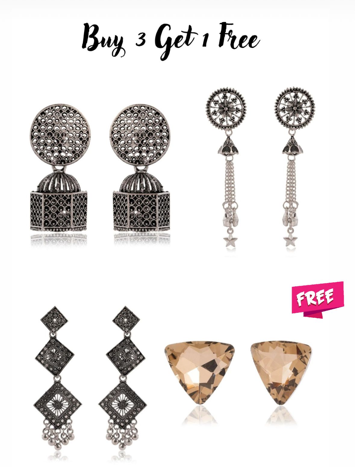 3 Pairs of beautiful Silver Beads Ethnic Jhumka and Tops