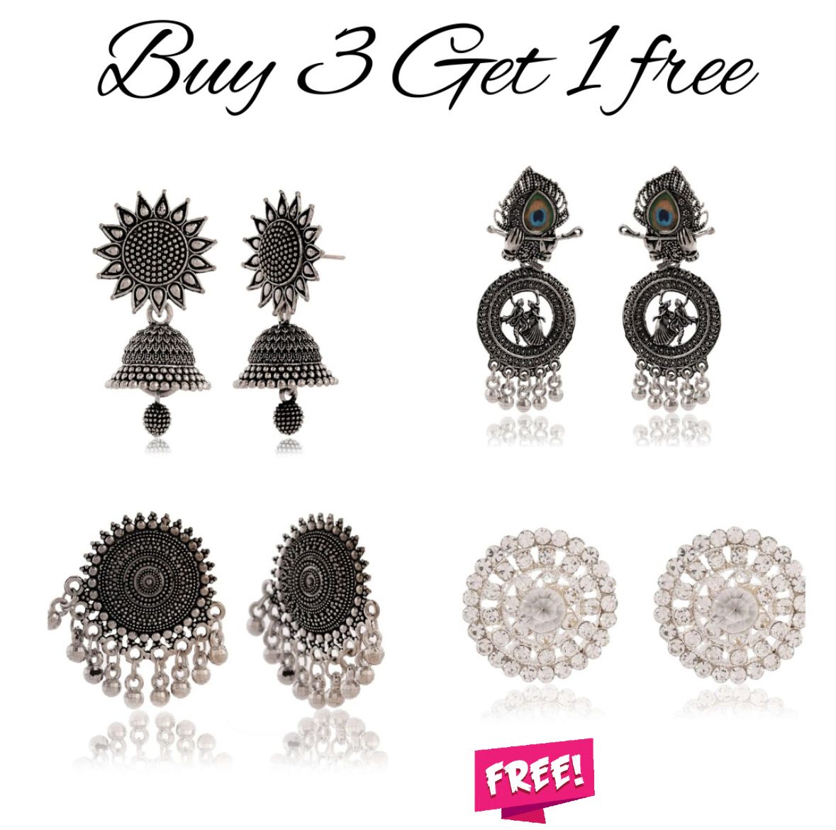 3 Pairs of Silver Beads Ethnic Jhumka and Tops