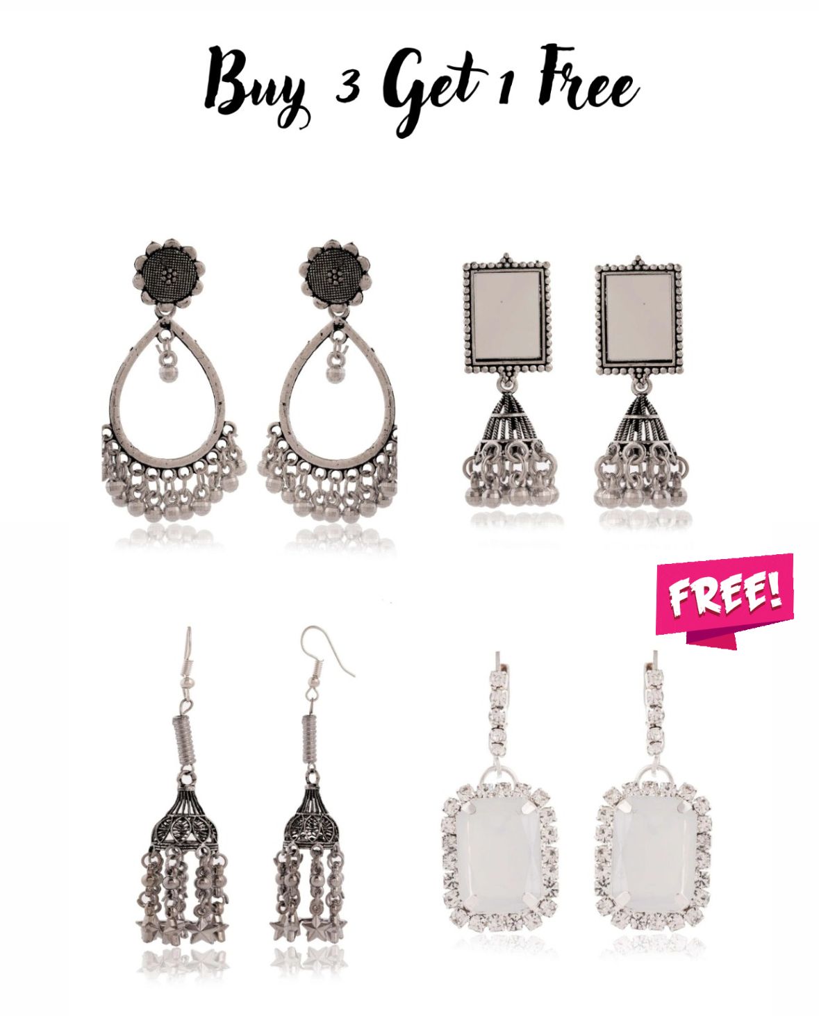 3 Pairs of beautiful Silver Beads Ethnic Jhumka and Tops