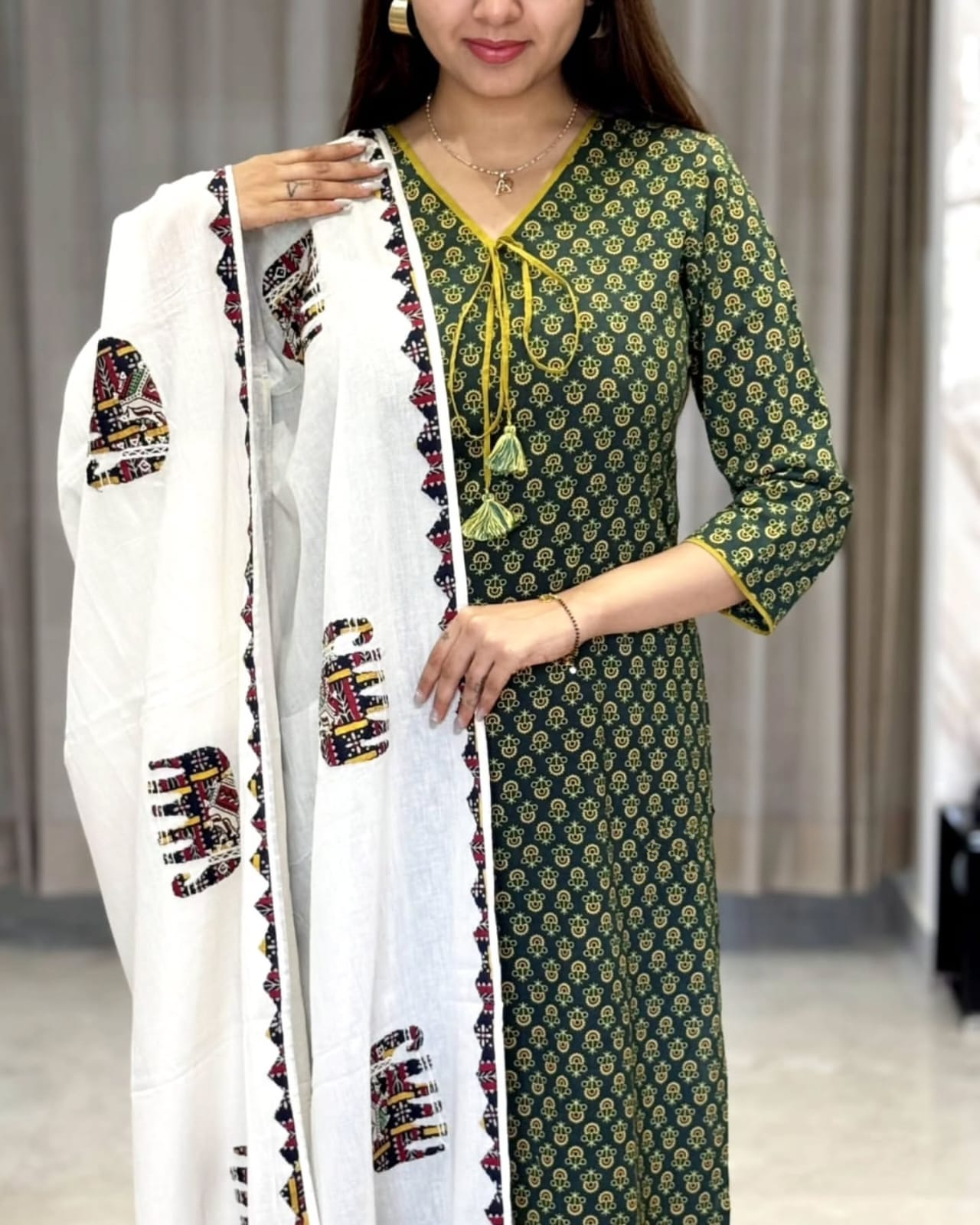 Green Cotton Kurti Set with Dupatta 