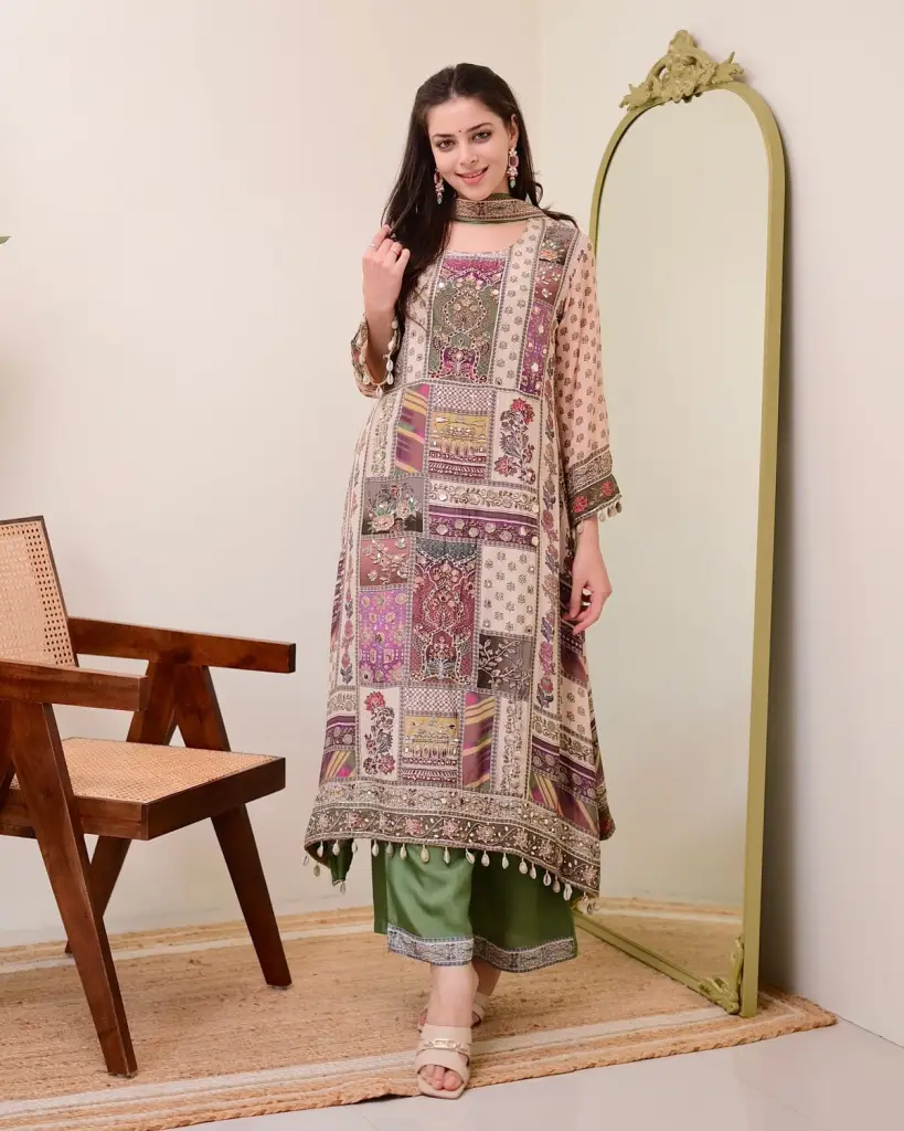 Multicolour Printed Kurti Set with Green Pants 