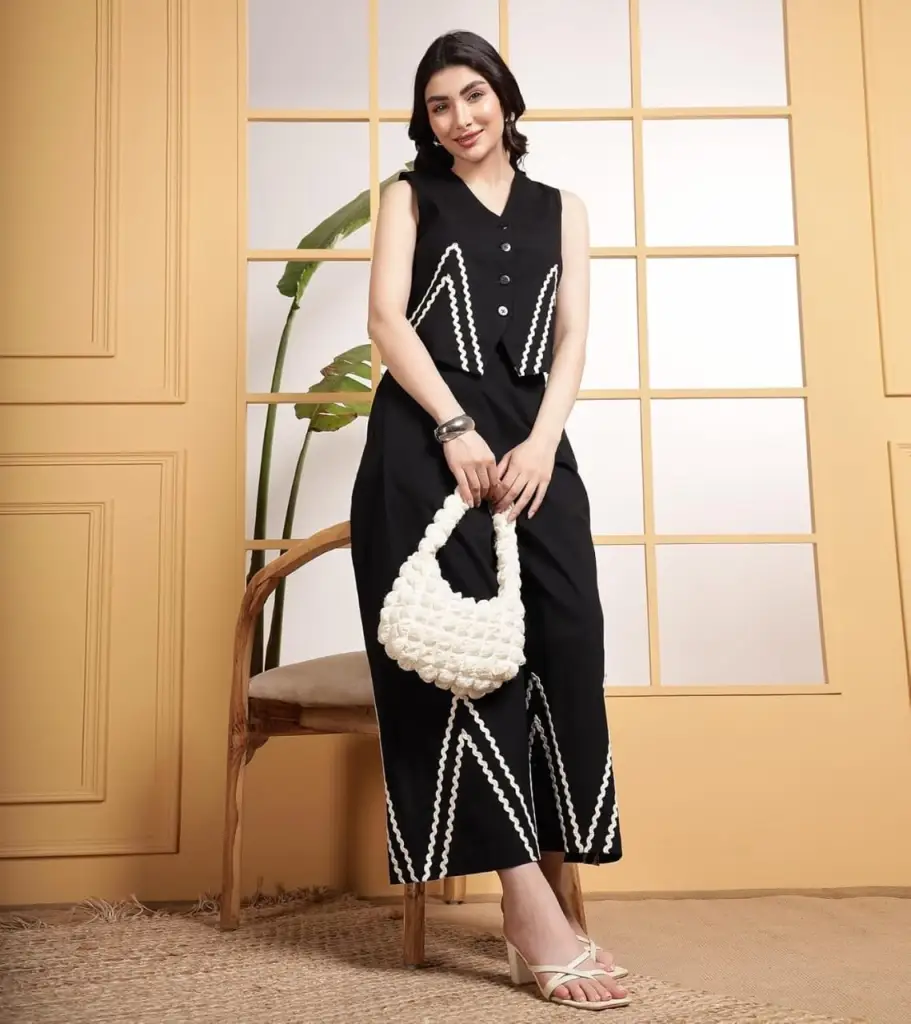 Elegant Black Co-ord Set with White Zigzag Lace