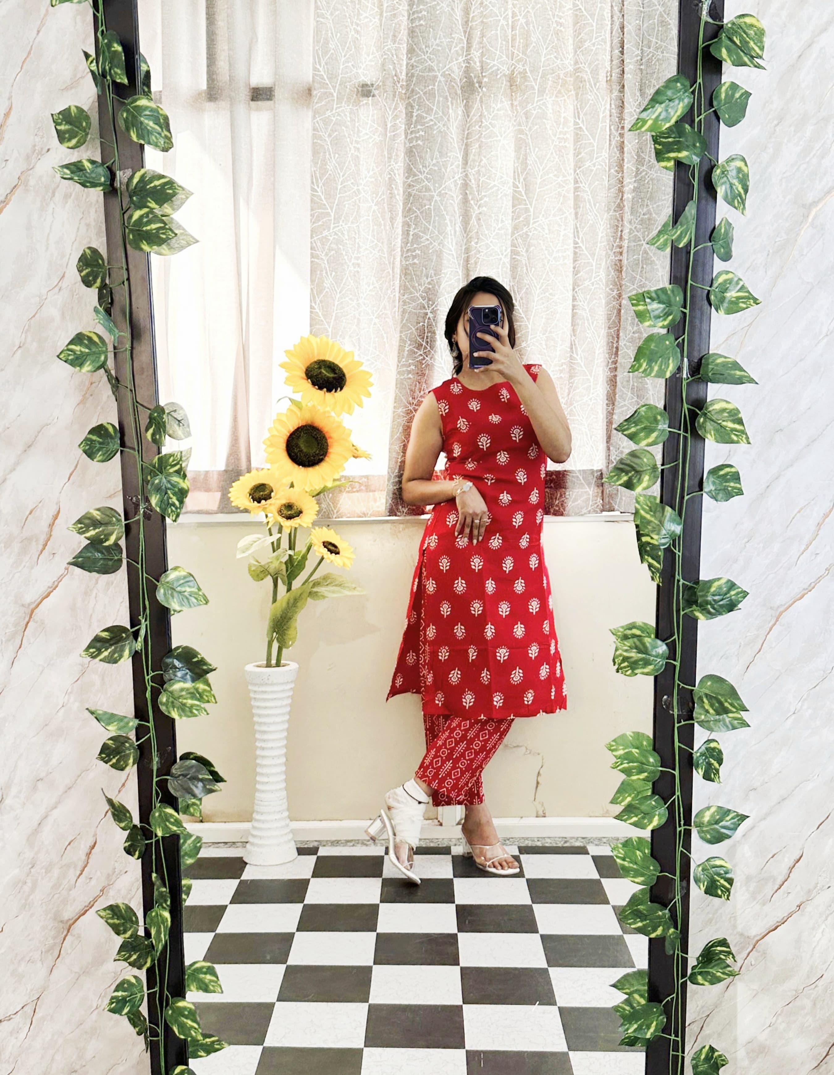 Red Printed Cotton Kurta Set for Women