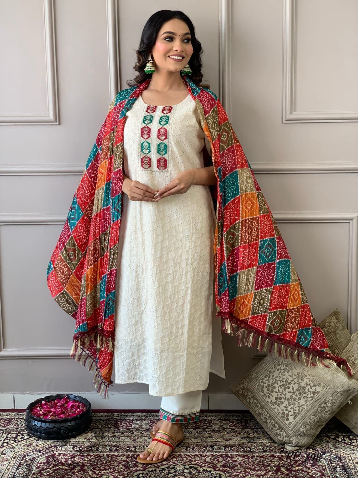 Ivory Elegance Suit Set with Multicolor Bandhej Dupatta
