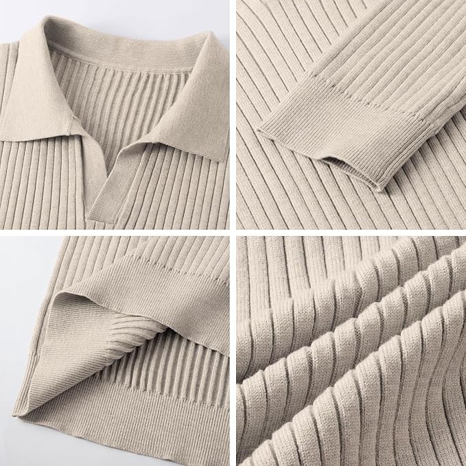 Men’s Ribbed Knit Beige Long Sleeve Polo Sweater 