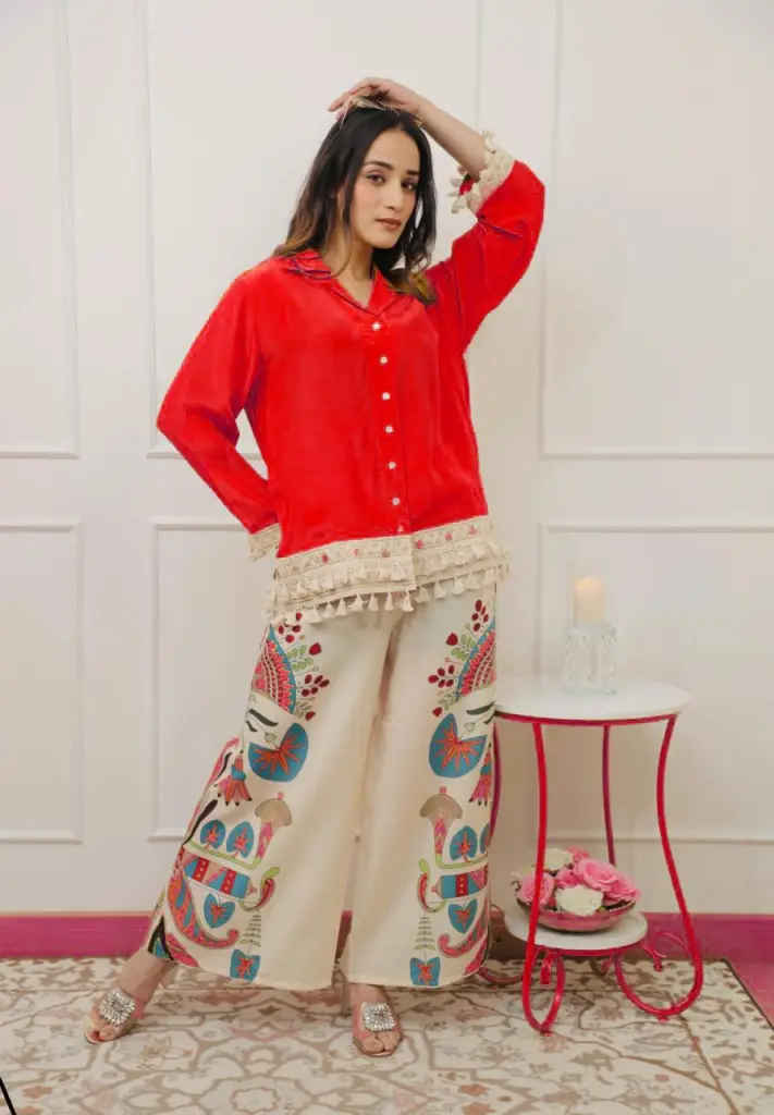 Tassel Shirt & Embroidered Pants Set 