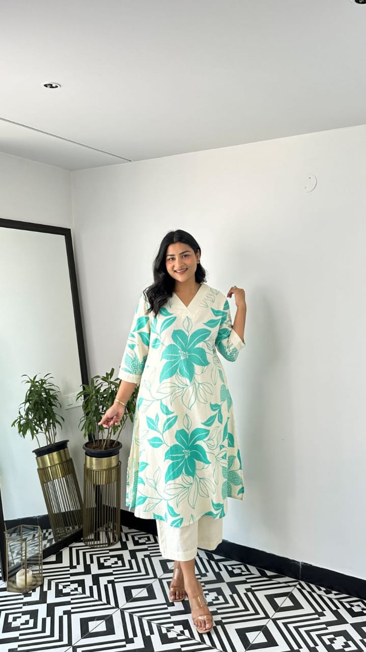 Women’s White Cotton Kurta Set with Teal Floral Print