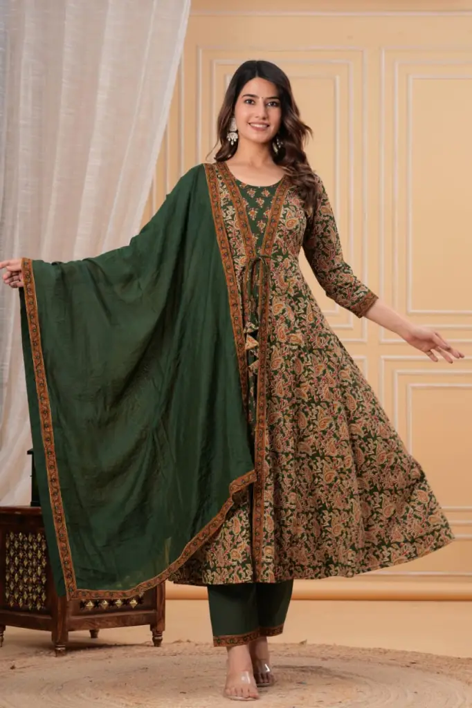 Two layer style anarkali kurti with pant & dupatta set