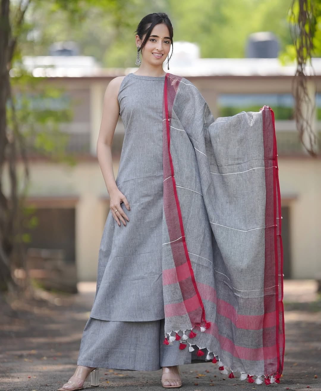 Minimalist Grey Handloom Kurta Set with Dupatta