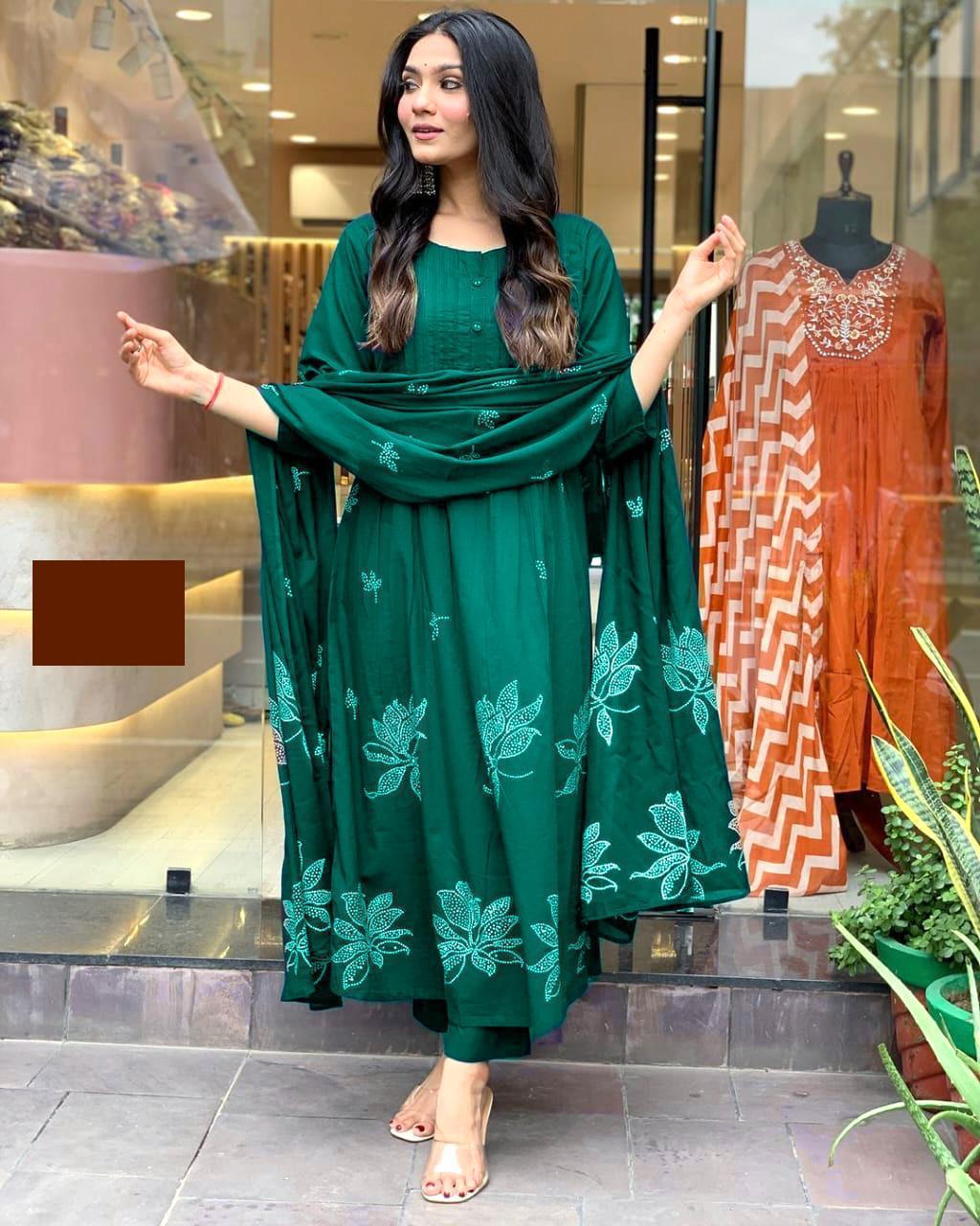 Emerald Green Floral Printed Cotton Kurta Set