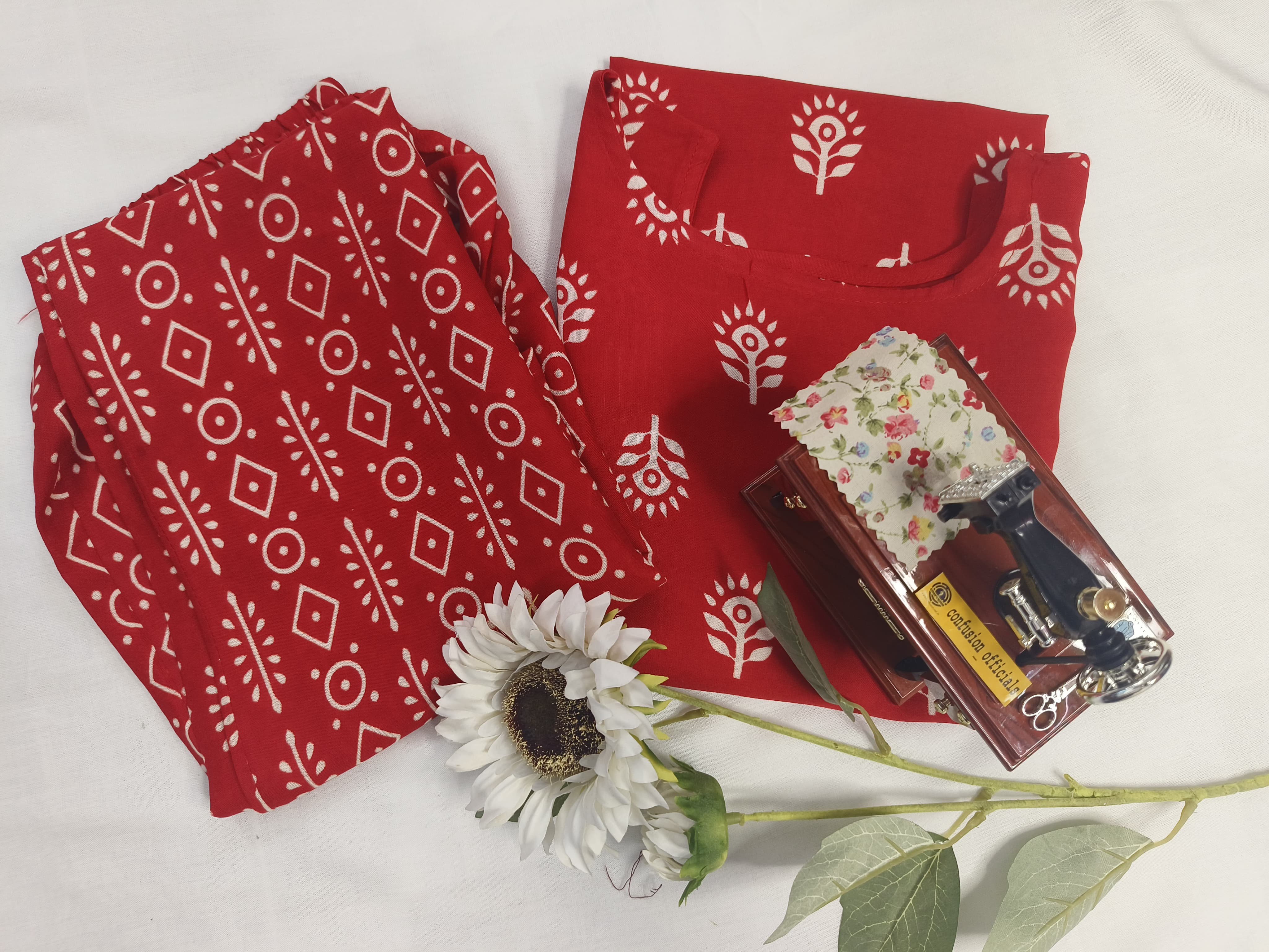 Red Printed Cotton Kurta Set for Women
