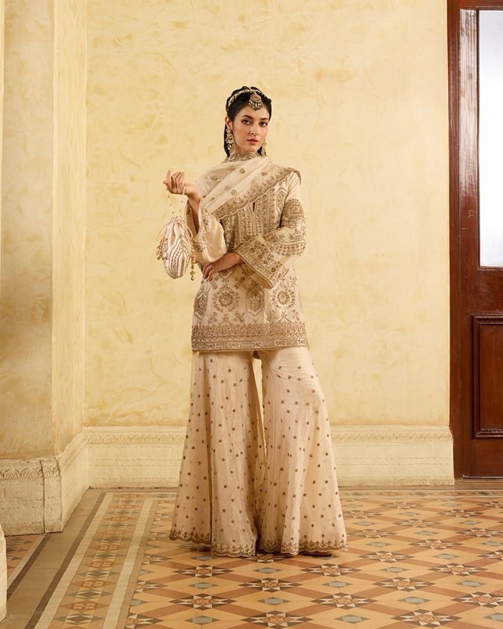 Designer Chinon Silk Top Sharara Dupatta Set