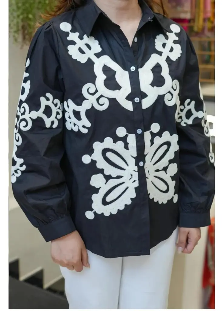 Black & White Floral Embroidered Shirt with White Pants