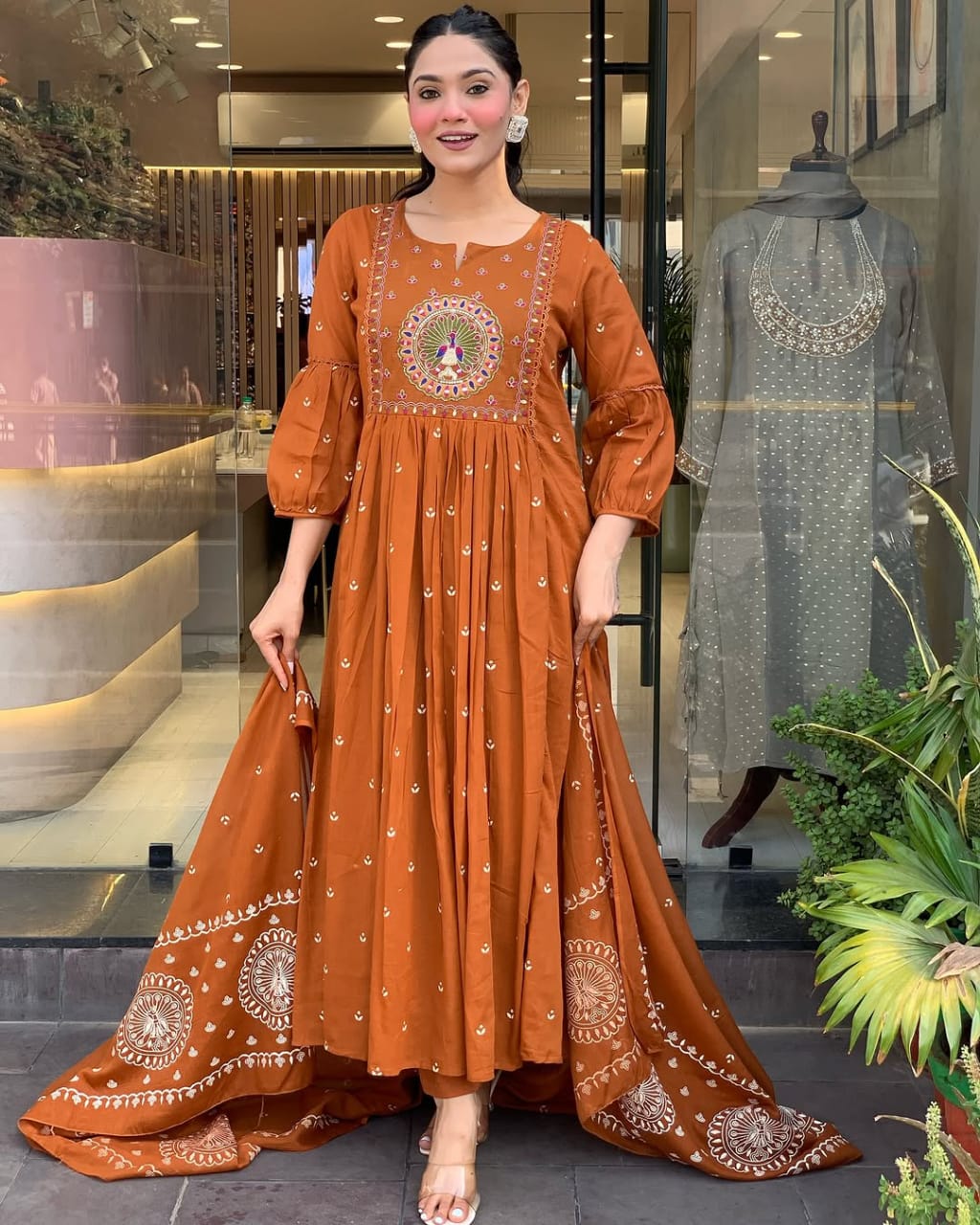 Orange Anarkali Suit Set with Dupatta .