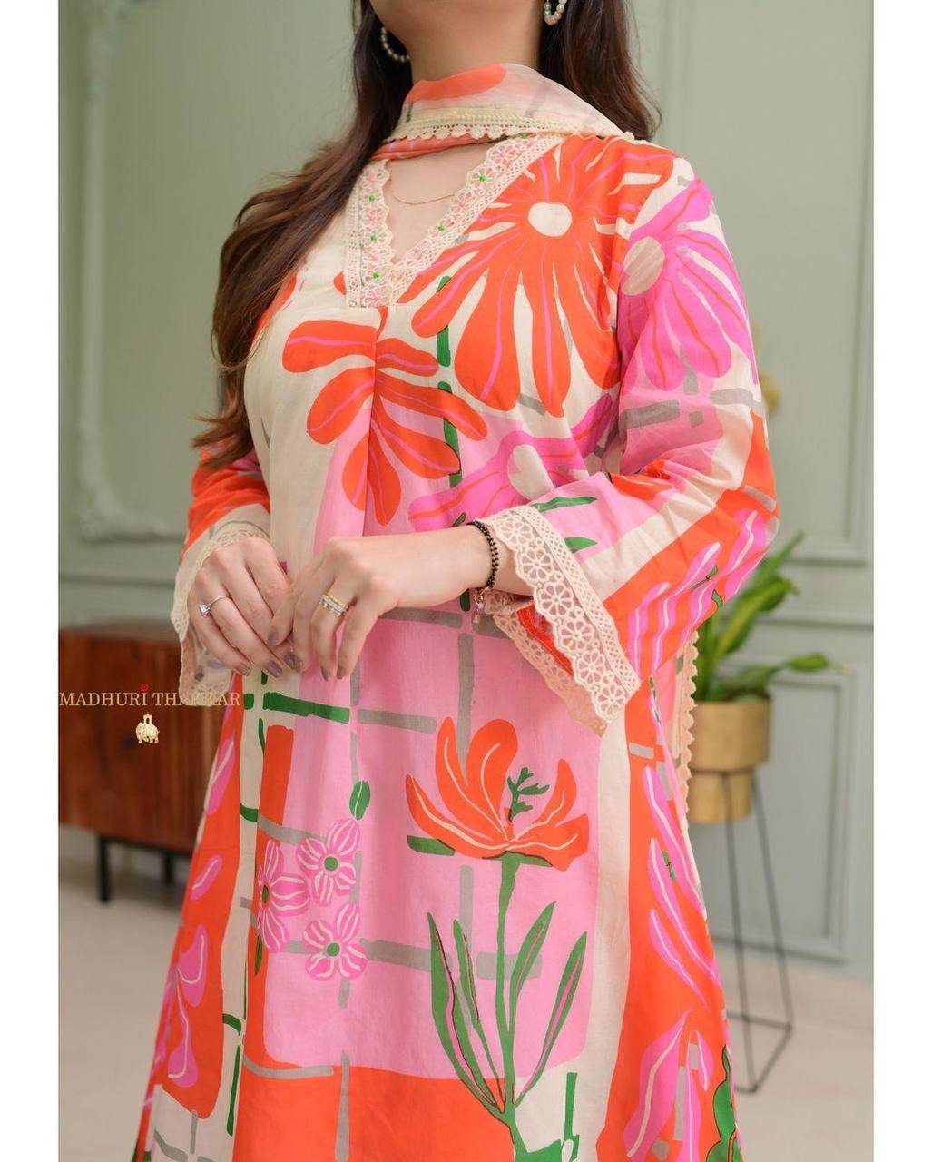Elegant Abstract Floral Cotton A-Line Kurta Set