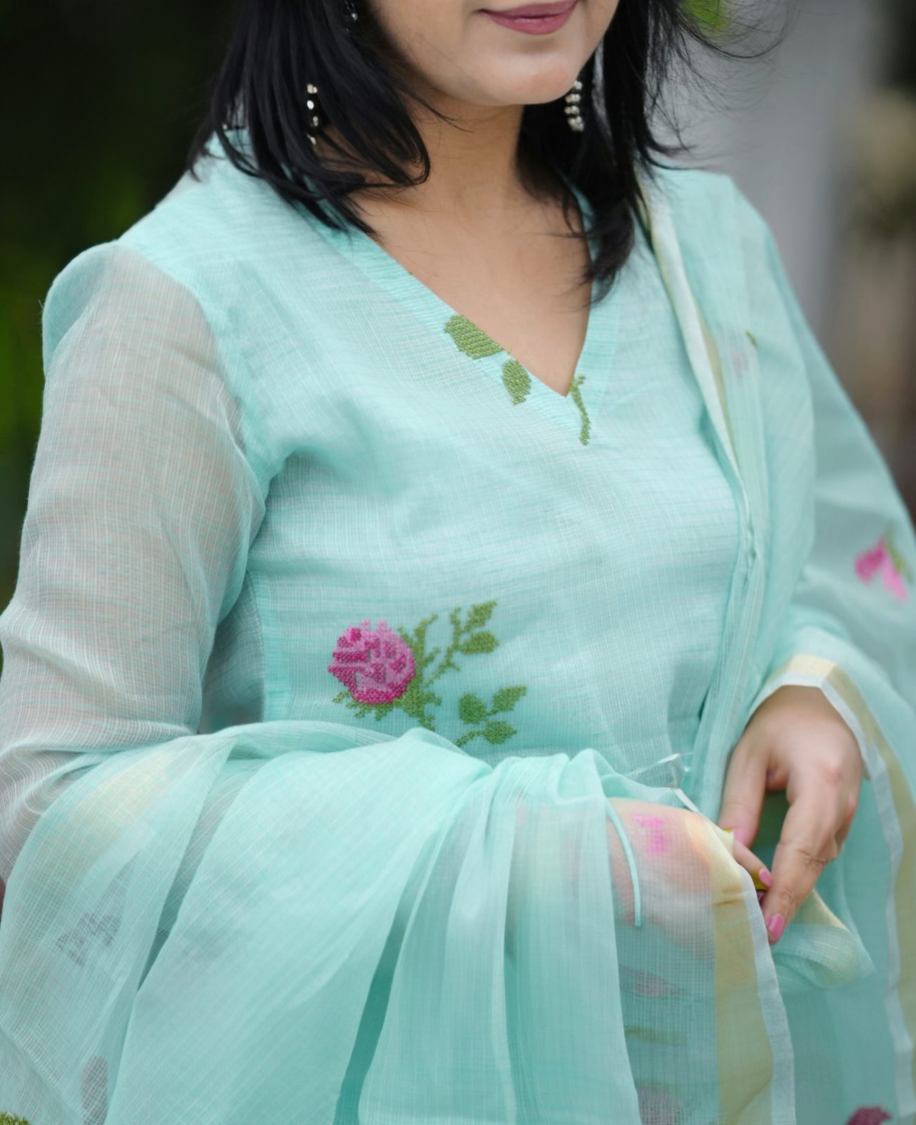Aqua Blue Organza Kurta Set with Floral Embroidery