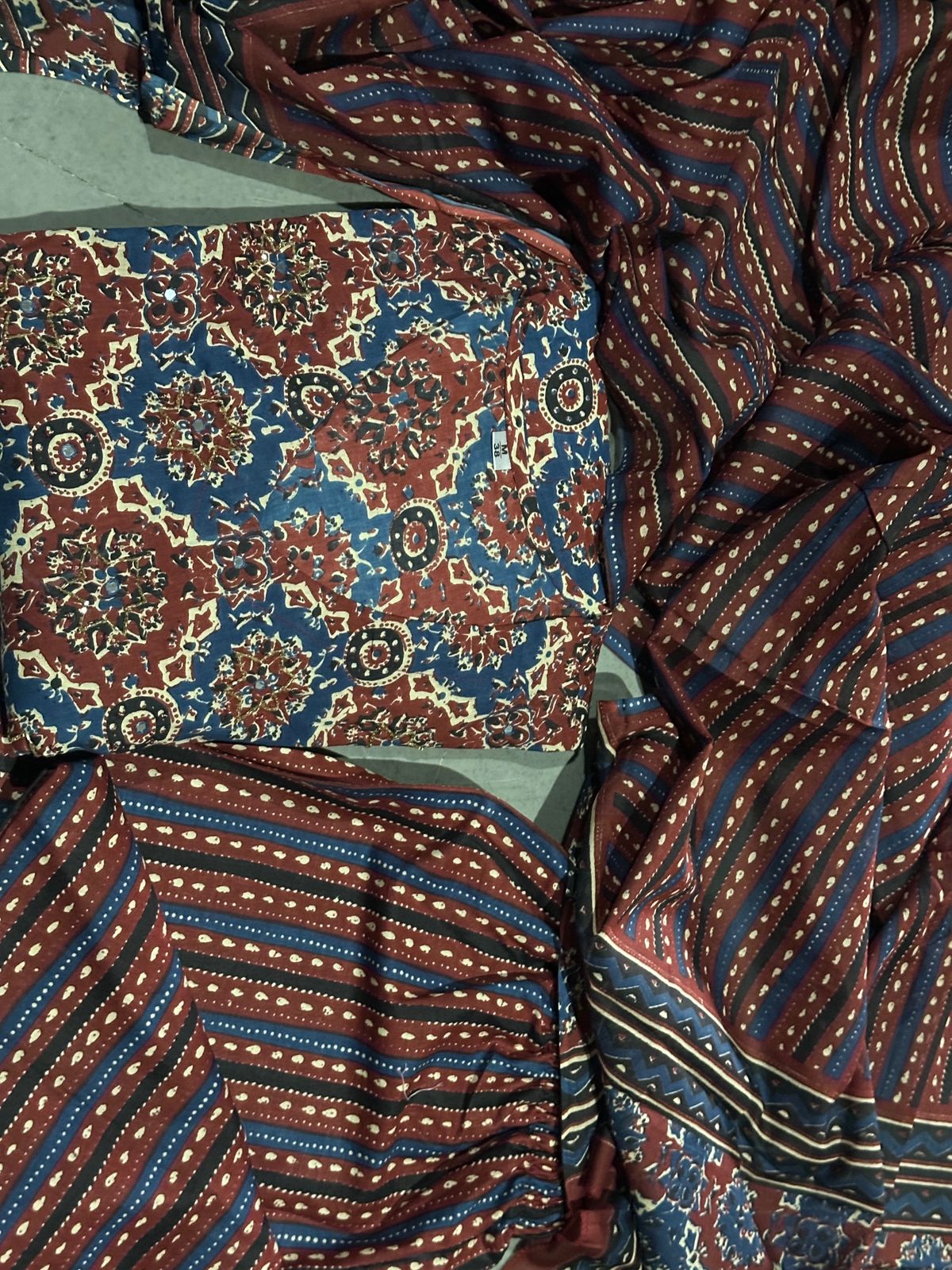 Rust & Indigo Cotton Anarkali Set with Ajrakh Print