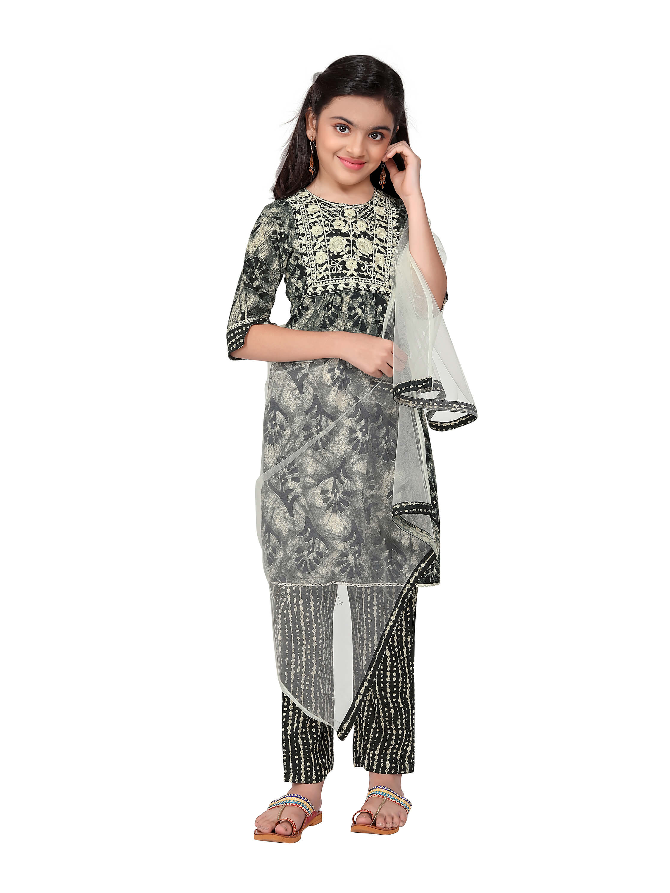Girls Embrodrery Kurta with Bottom Dupatta set