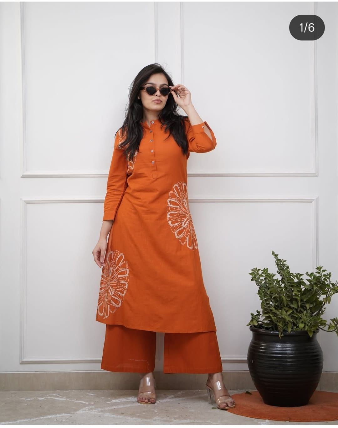 Chic Orange and Black Kurta Palazzo Set with Embroidery