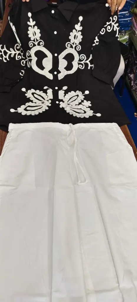Black & White Floral Embroidered Shirt with White Pants