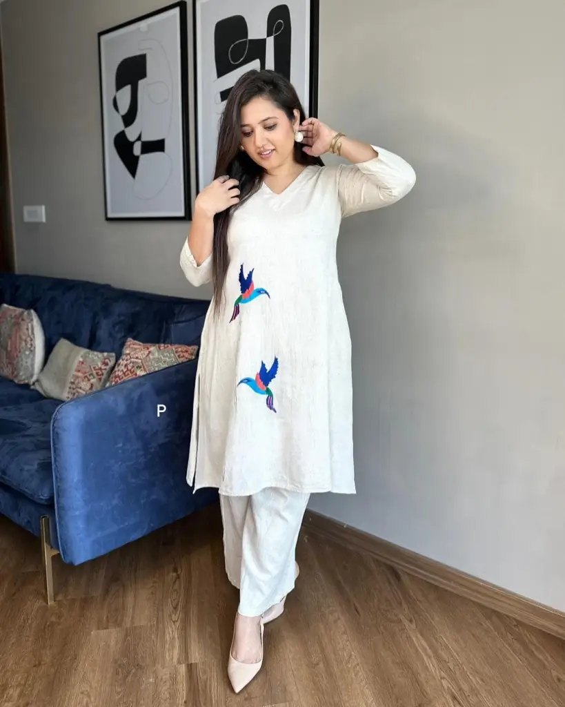 White Aari Work Kurta Palazzo Set