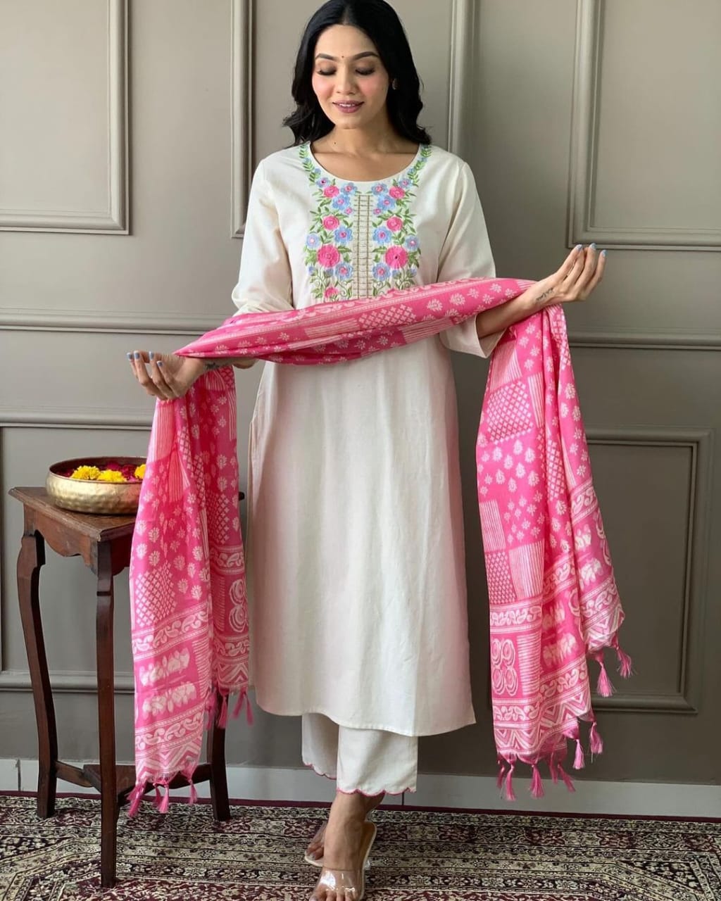 Blush Blossom Embroidered Cotton Suit Set