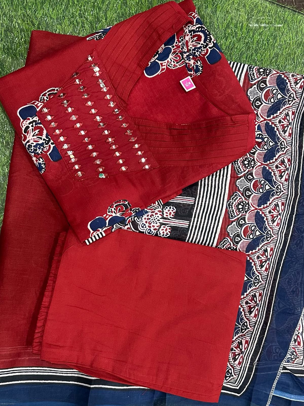 Maroon Handblock Kurta Set with Printed Dupatta