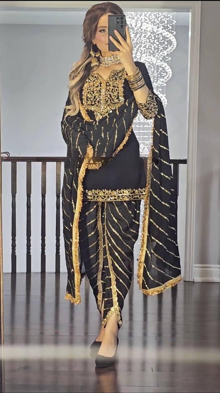 Pure Chinon Dhoti Salwar Set with 5mm Sequin Embroidery