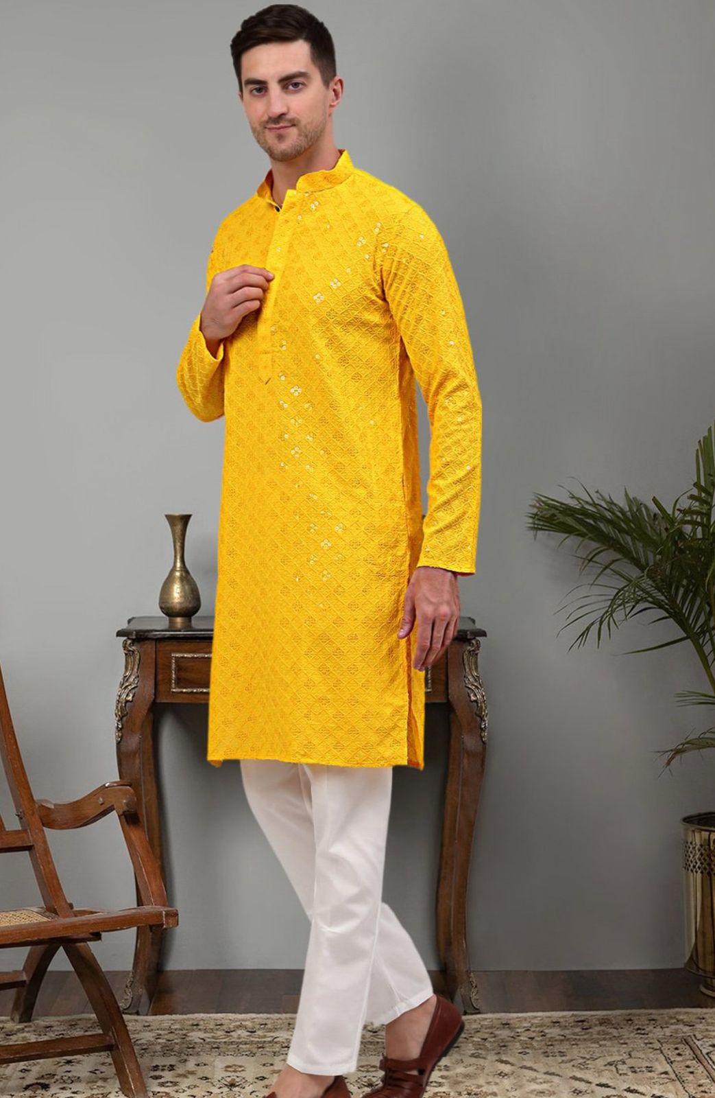 Embroidered mandarin collar regular sequinned detailed kurta with pyjamas