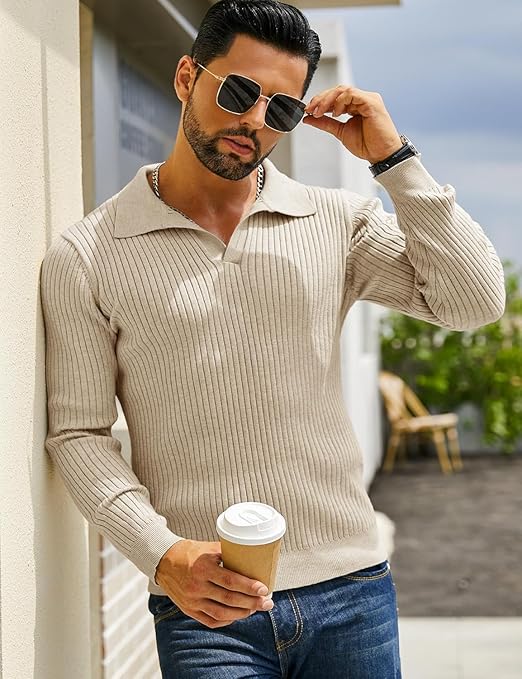 Men’s Ribbed Knit Beige Long Sleeve Polo Sweater 