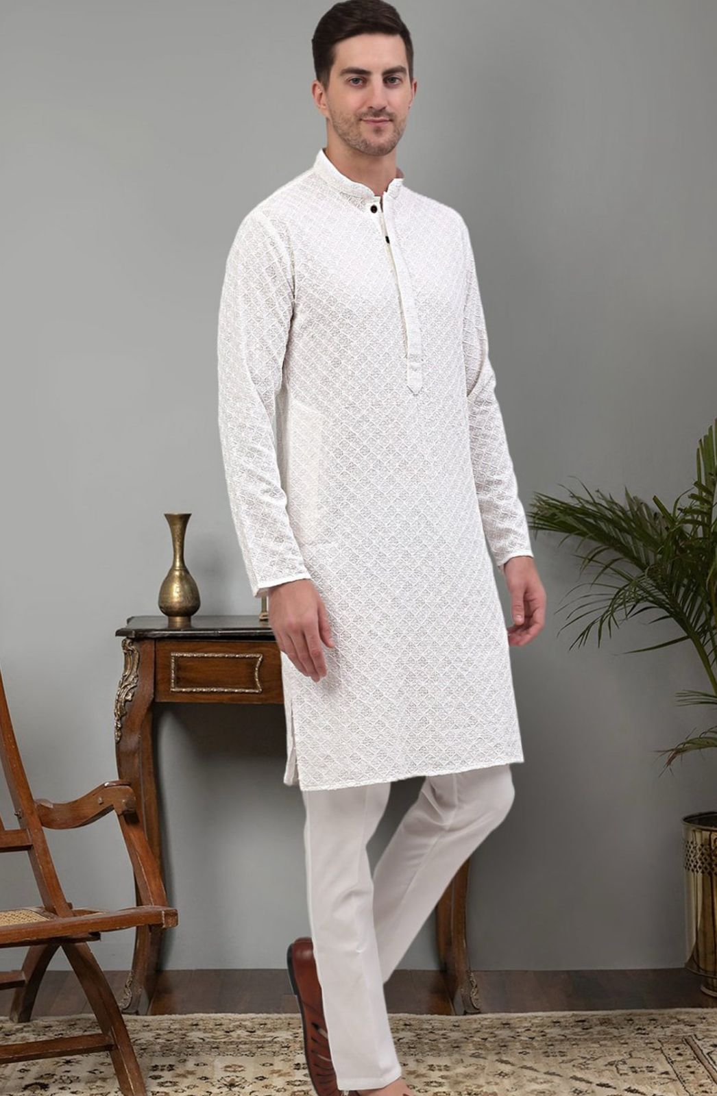 Embroidered mandarin collar regular sequinned detailed kurta with pyjamas