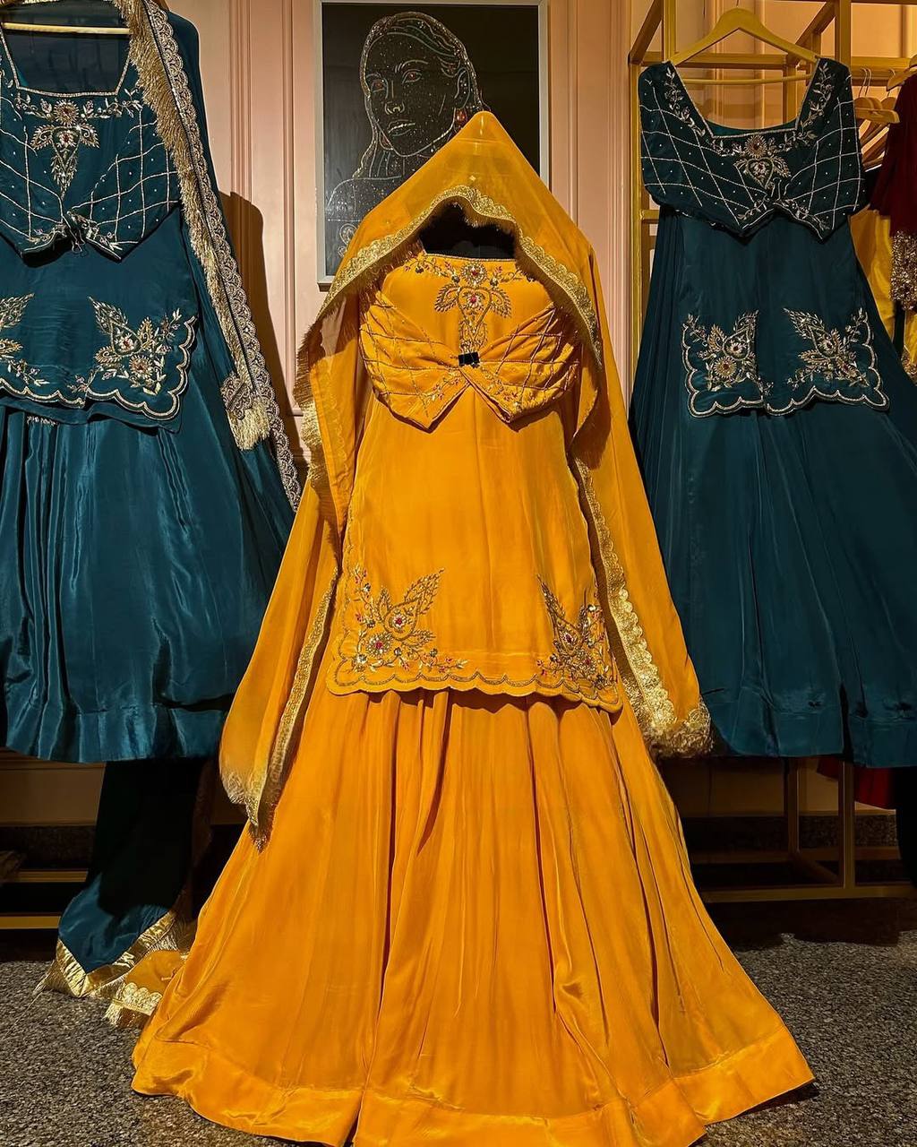 Three-piece  full-sleeve top, lehenga, and dupatta