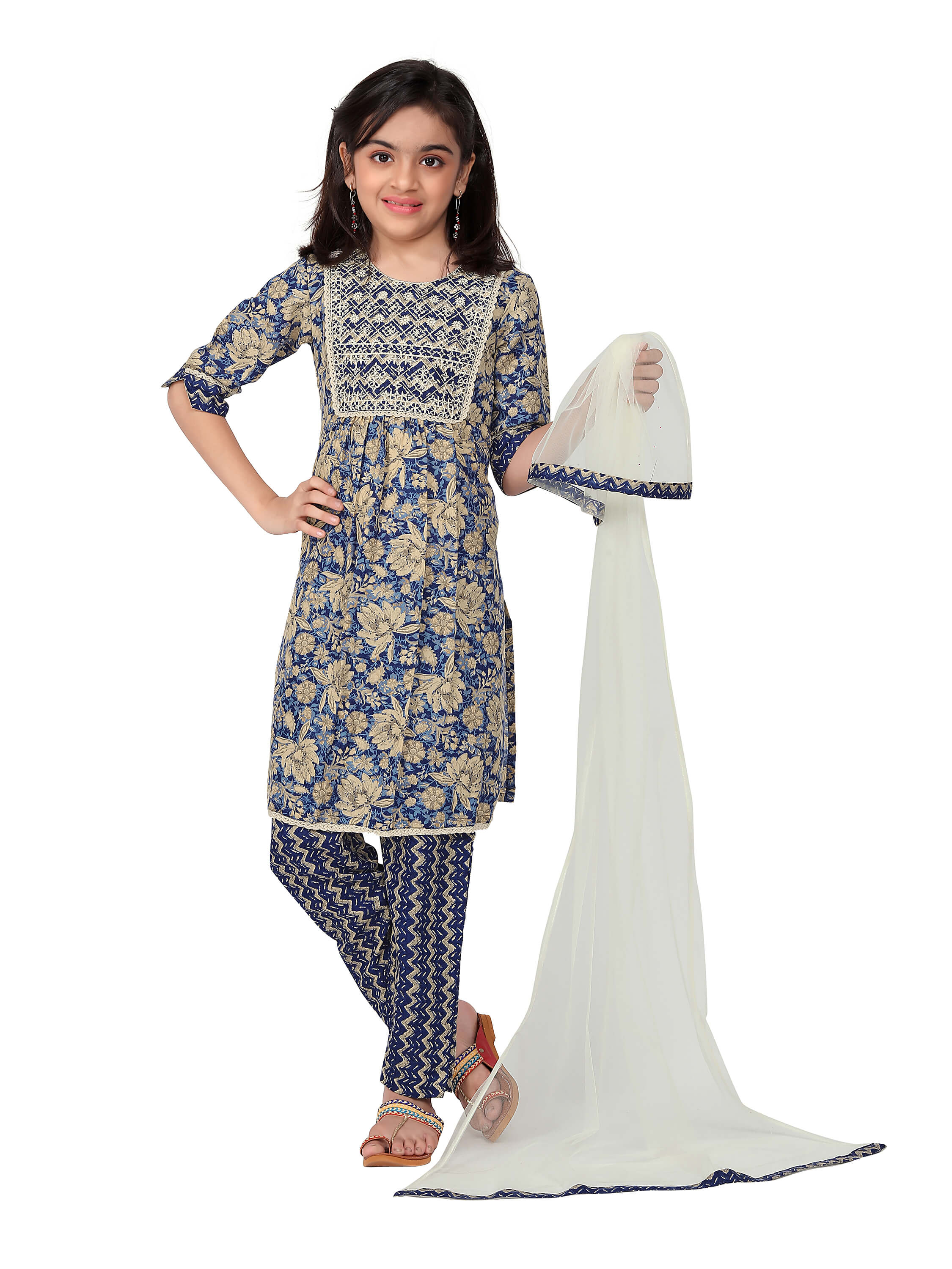 Girls Embrodrery Kurta with Bottom Dupatta set