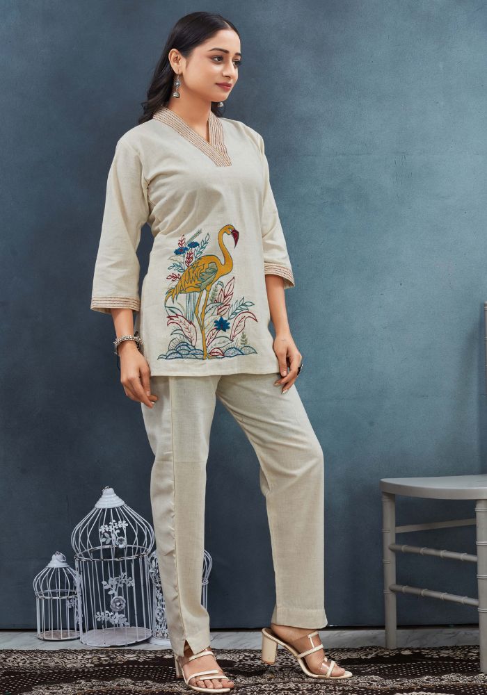 Beige Cotton Co-ord Set with Bird Embroidery