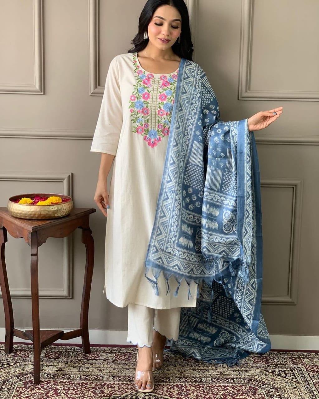 Blush Blossom Embroidered Cotton Suit Set