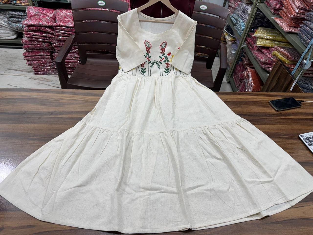 Embroidered Cotton Midi Dress with Floral Design