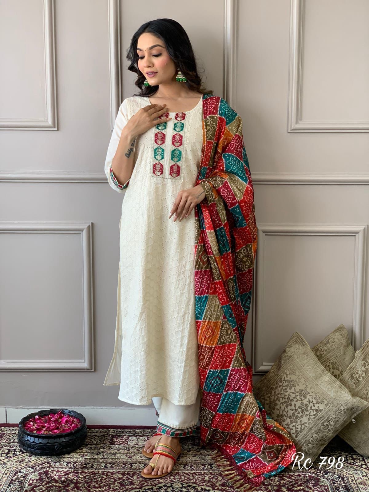 Ivory Elegance Suit Set with Multicolor Bandhej Dupatta