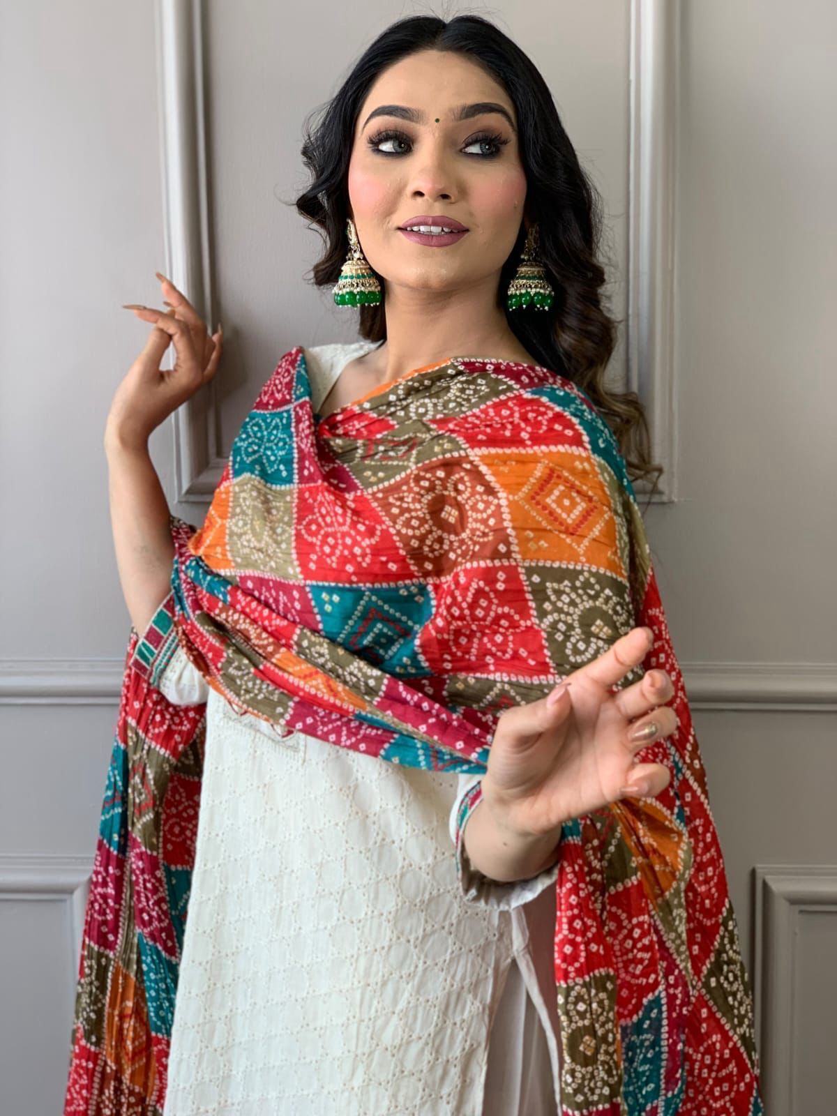 Ivory Elegance Suit Set with Multicolor Bandhej Dupatta