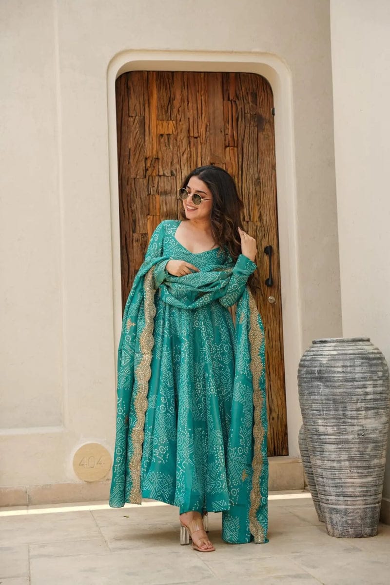 Teal Floral Anarkali Suit with Gold Lace Dupatta