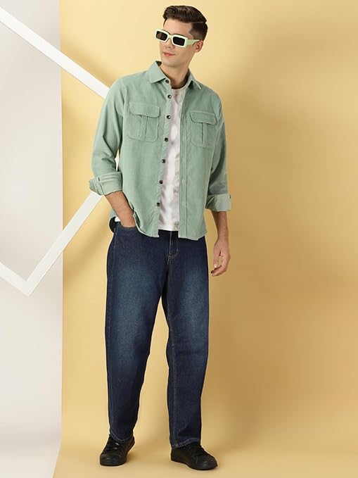 Mint Green Casual Cotton Shirt for Men with Patch Pockets