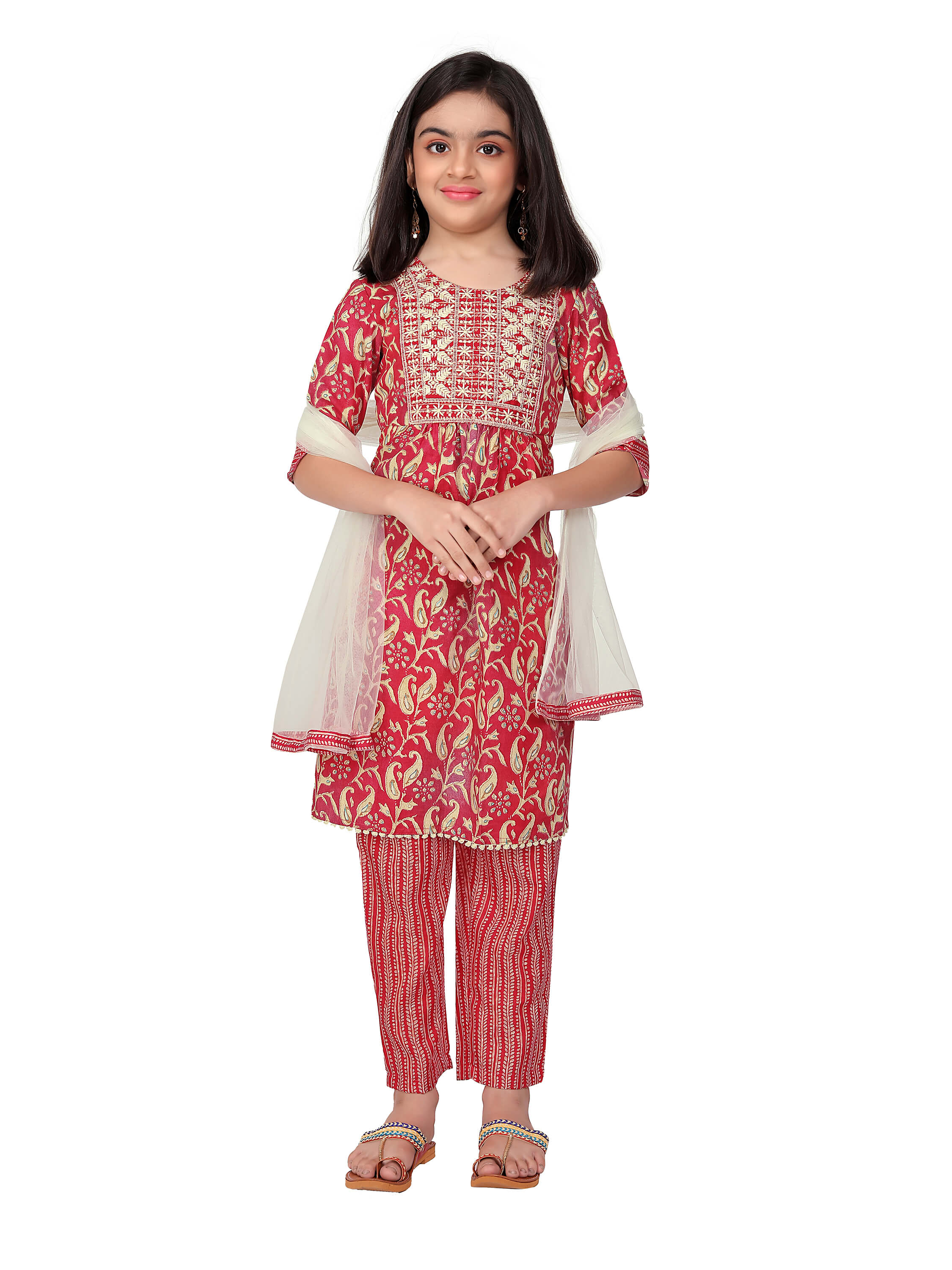 Girls Embrodrery Kurta with Bottom Dupatta set