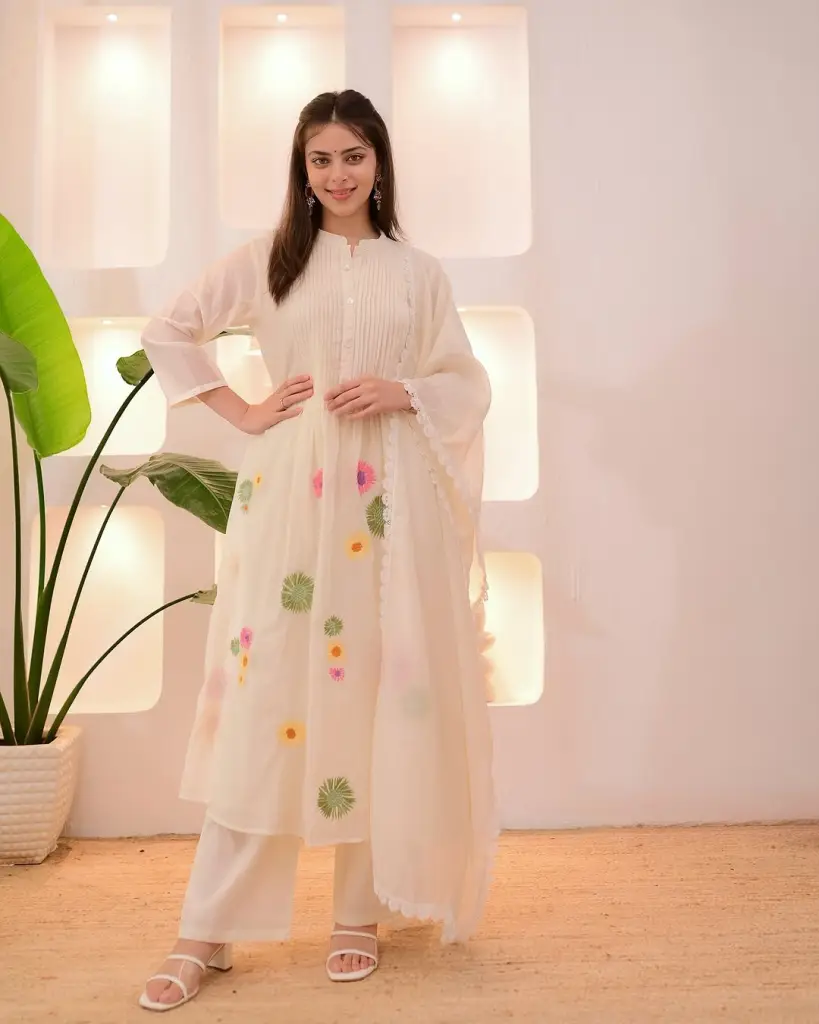  White Ivory Pastel Floral Cotton Suit Set