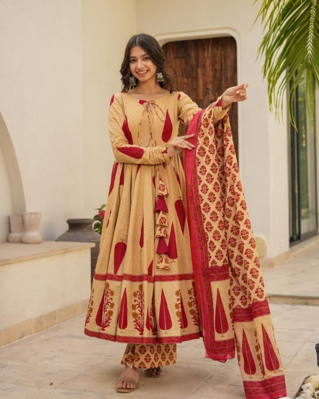 Flared Anarkali Cotton Suit Set with Printed Dupatta