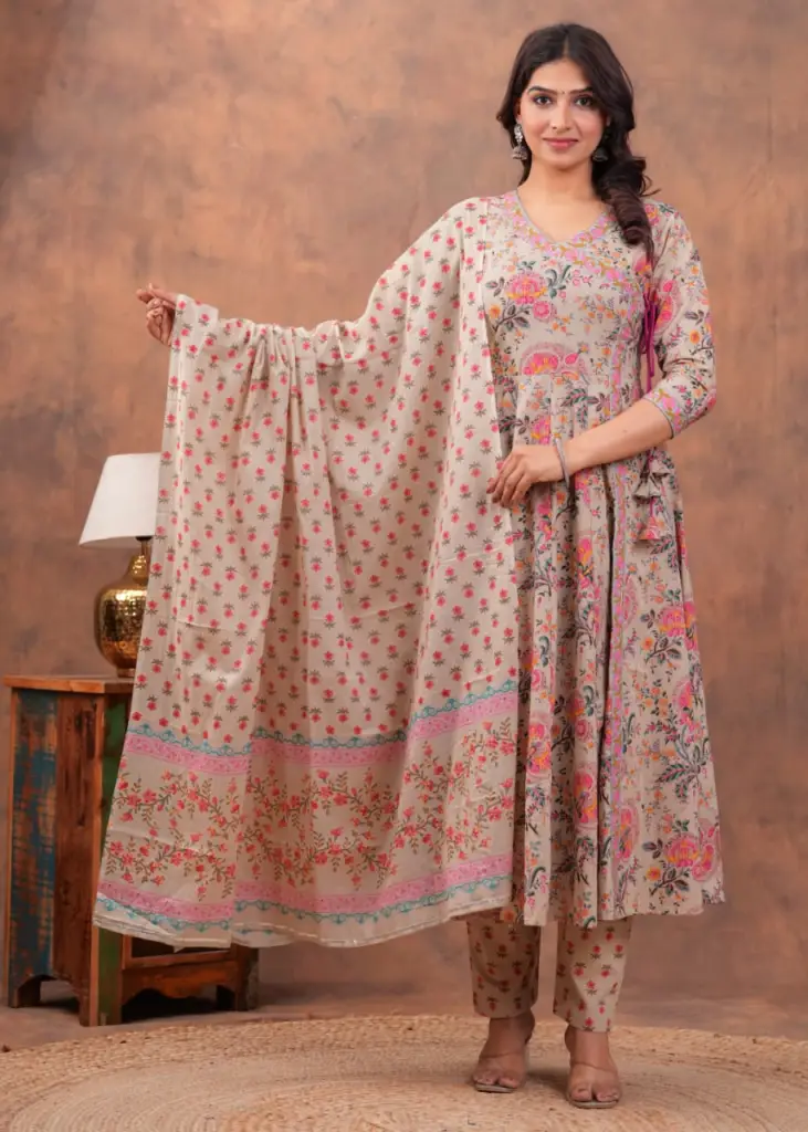 Multicolor Block Print Cotton Full Flair Anarkali set 