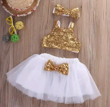 Baby Girl Gold Sequin Crop Top & White  Skirt Set with Headband