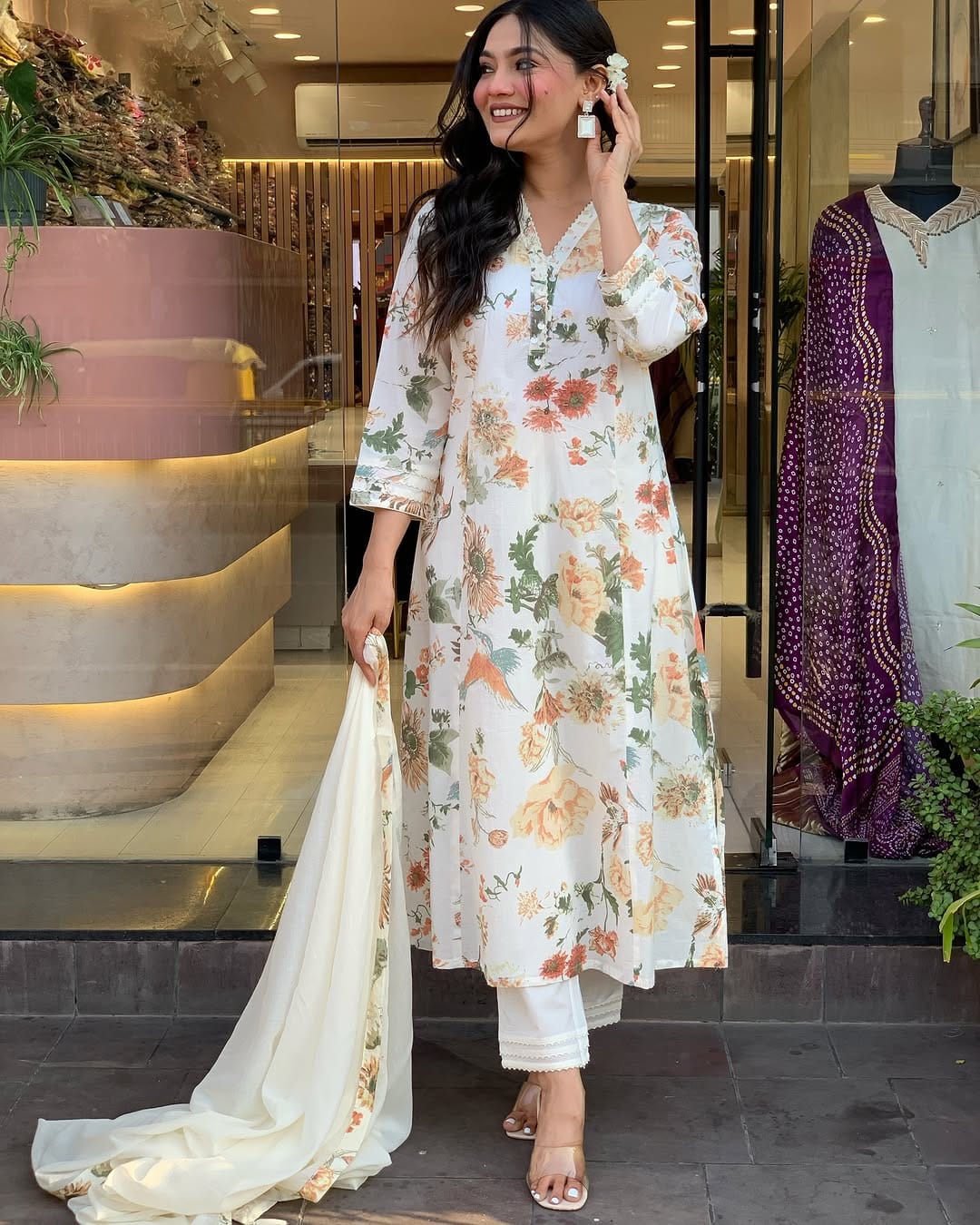 Elegant Floral Printed White Lawn Suit for Women 