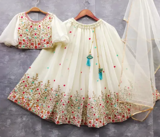 Cream Floral Embroidered Lehenga Choli Set for Girls
