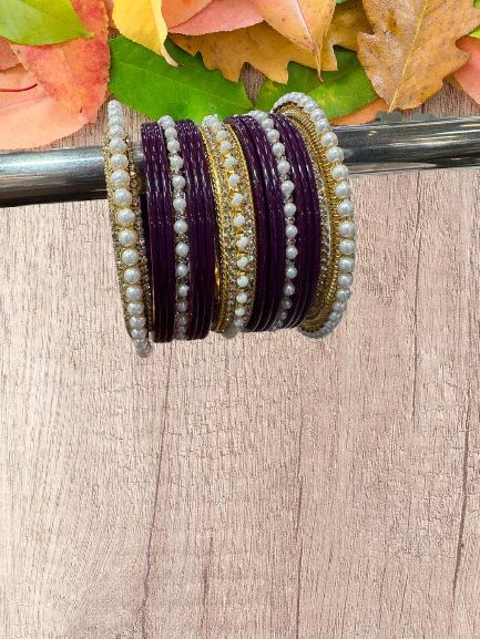Elegant Purple & Pearl Bangle Set – Traditional Indian Kada Style