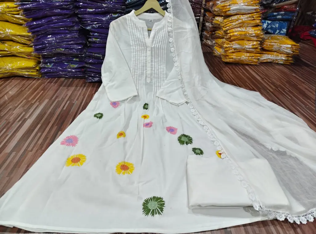  White Ivory Pastel Floral Cotton Suit Set